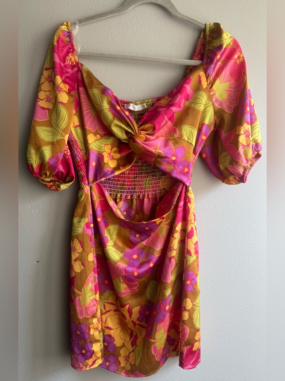 Lush Pink & Mustard Floral Knot-Front Casual Dress